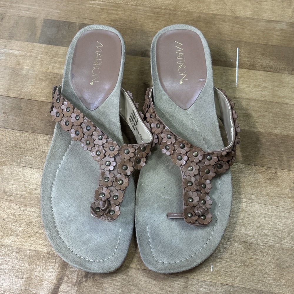 Marcon Women's Size 9M Leather Floral Thong Sandals Brown Boho Y2K
